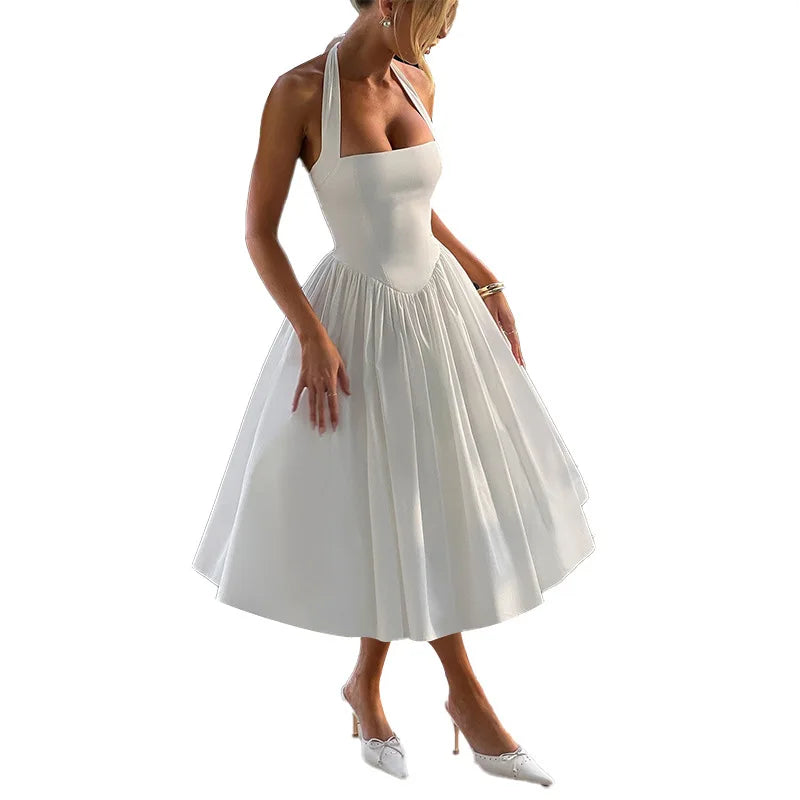 שמלת מידי בגזרת A גב פתוח קשירה בצוואר - Angie