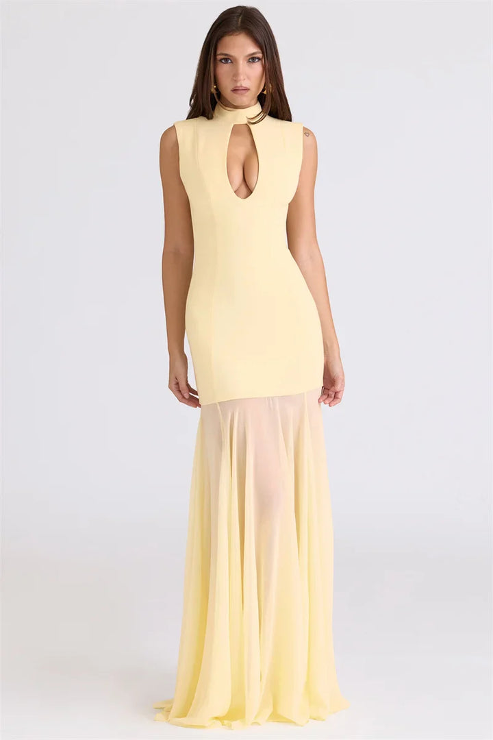 Maxi Dress with Collar and Chiffon Design - DARIA