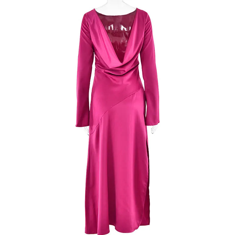 שמלת ערב מקסי סאטן גב פתוח בשילוב שסע ושרוולי פעמון  - מריאן