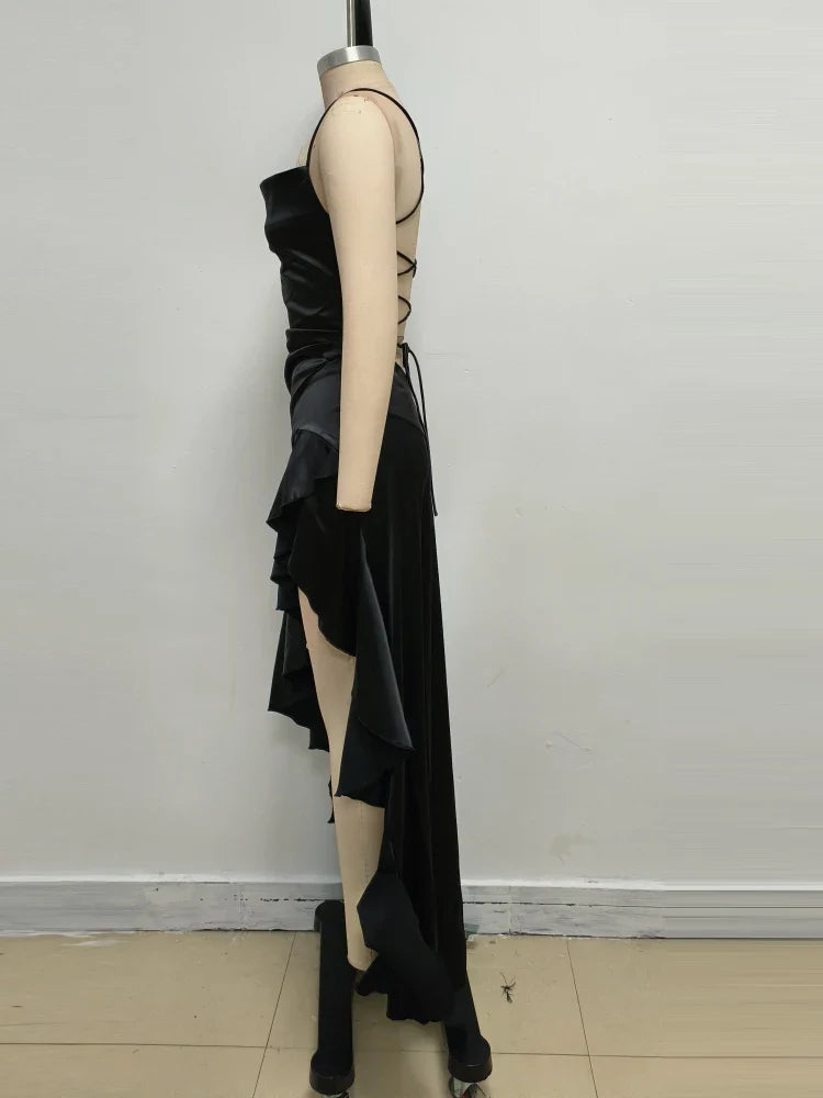 שמלת מקסי סאטן מלמלה קשירות בגב - פביולה