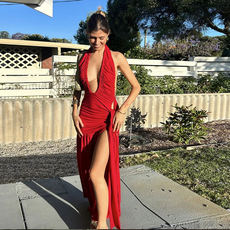 שמלת מקסי כיווצים בעיטור קשירה גב פתוח מחשוף V עמוק - פלג