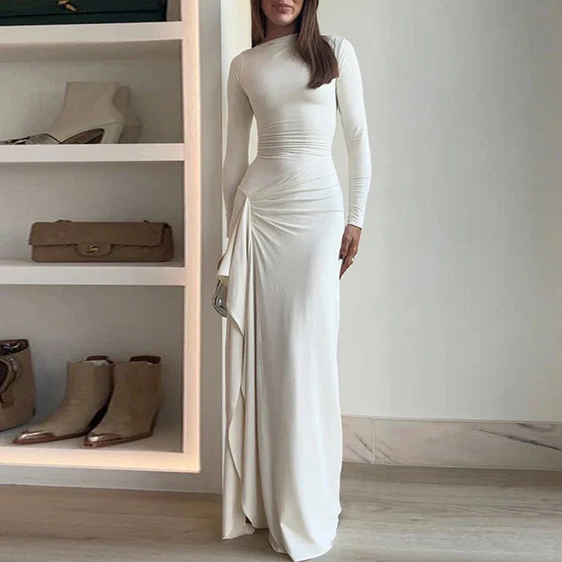 שמלת מקסי צנועה אלגנטית בעיצוב שסע כיווצים וקשירה בגב להצמדה במותן - הודיה