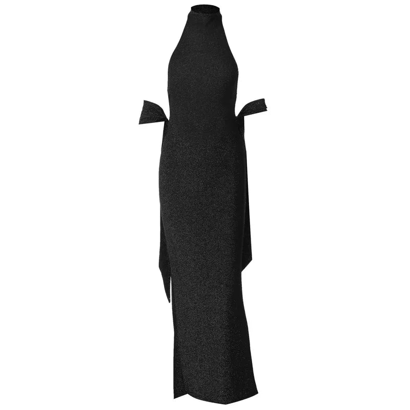 שמלת מקסי נצנצים צמודה בגזרת גולף גב פתוח בעיטור צעיף תואם - מילגרוס