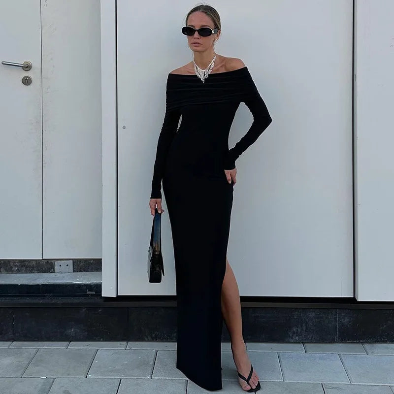 שמלת ערב מקסי בשילוב שסע וכתפיים חשופות - נטעלי