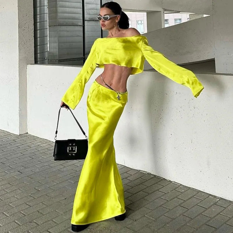 סט סאטן שני חלקים חולצה וחצאית מקסי - דניאלה