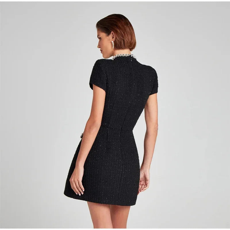 שמלת מיני אלגנטית שרוול קצר/ארוך סגנון מחויט בד ארוג בעיטור נצנצים ופנינים - Lucia