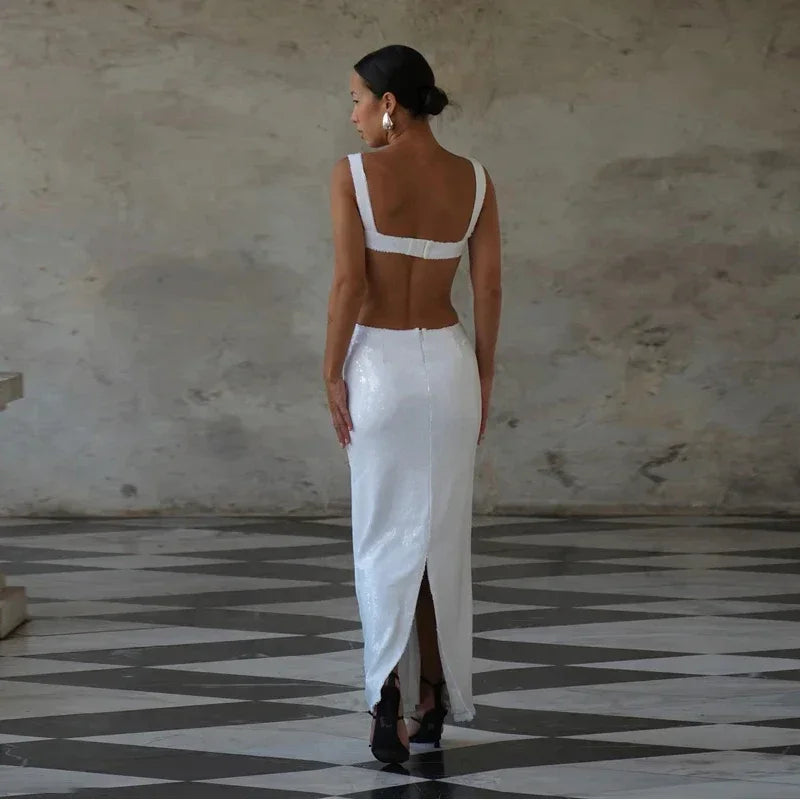 שמלת מקסי פייטים בעיצוב גב ומותן פתוח - Catalina