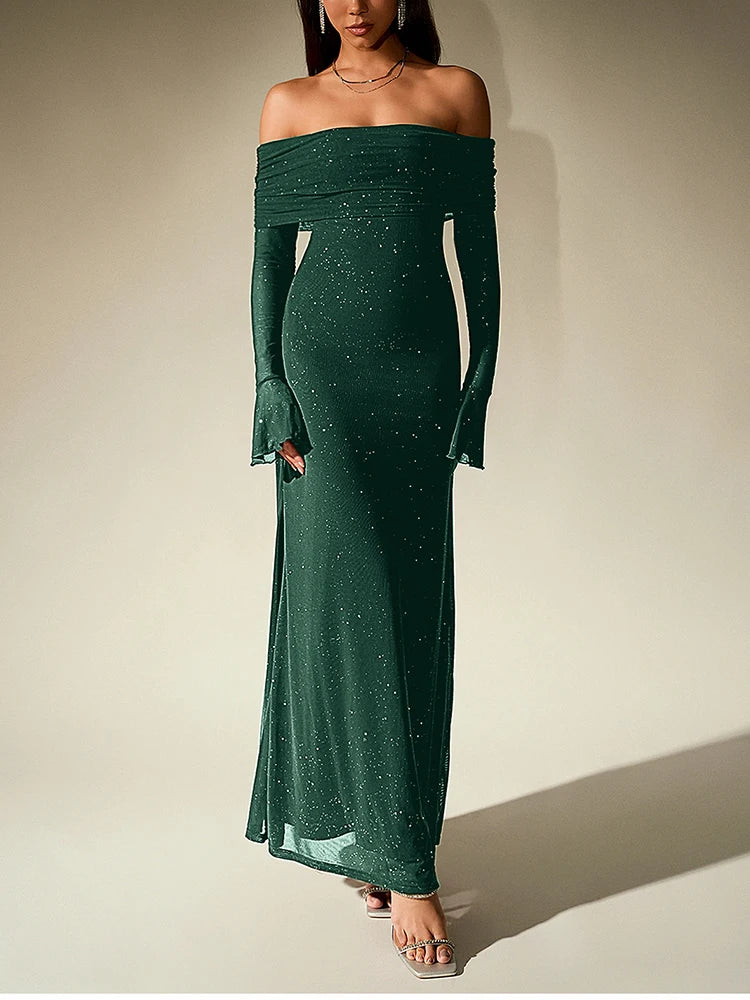 שמלת מקסי נצנצים בעיצוב כתפיים חשופות שרוולי פעמון - מרגריטה