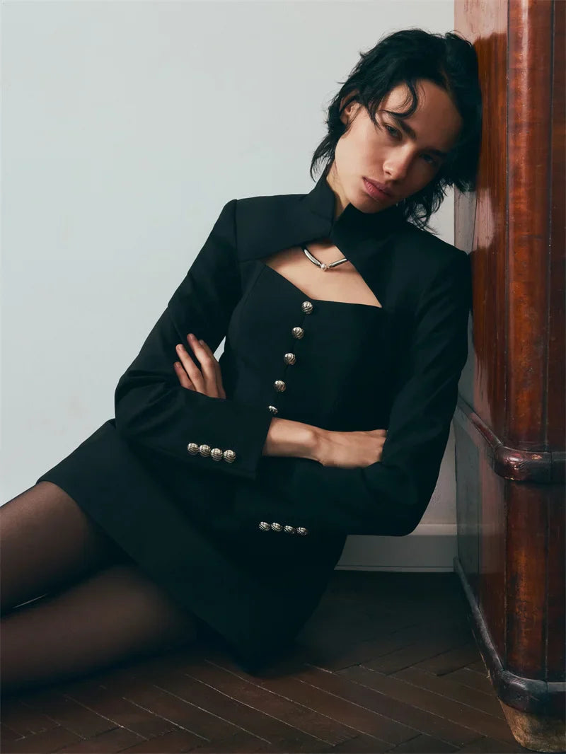 A-line tailored turtleneck mini dress with button detail - Mary Lane