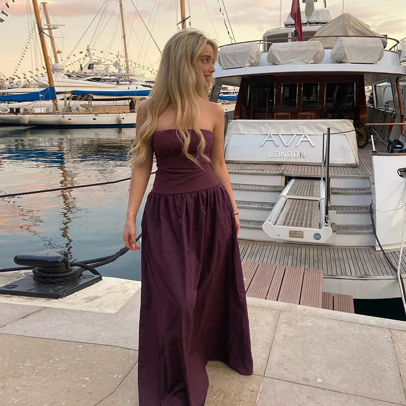 שמלת מקסי סטרפלס בעיצוב כיסים בגזרת A - Indy