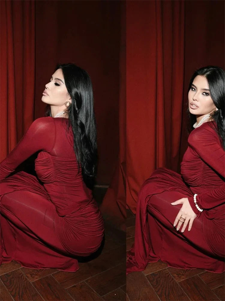 שמלת מקסי צנועה בעיצוב כיווצים וקשירה - נאהב