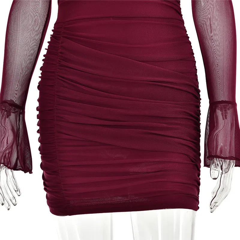 שמלת מיני קיפולים צווארון גולף שרוולי שיפון פעמון -  NARA