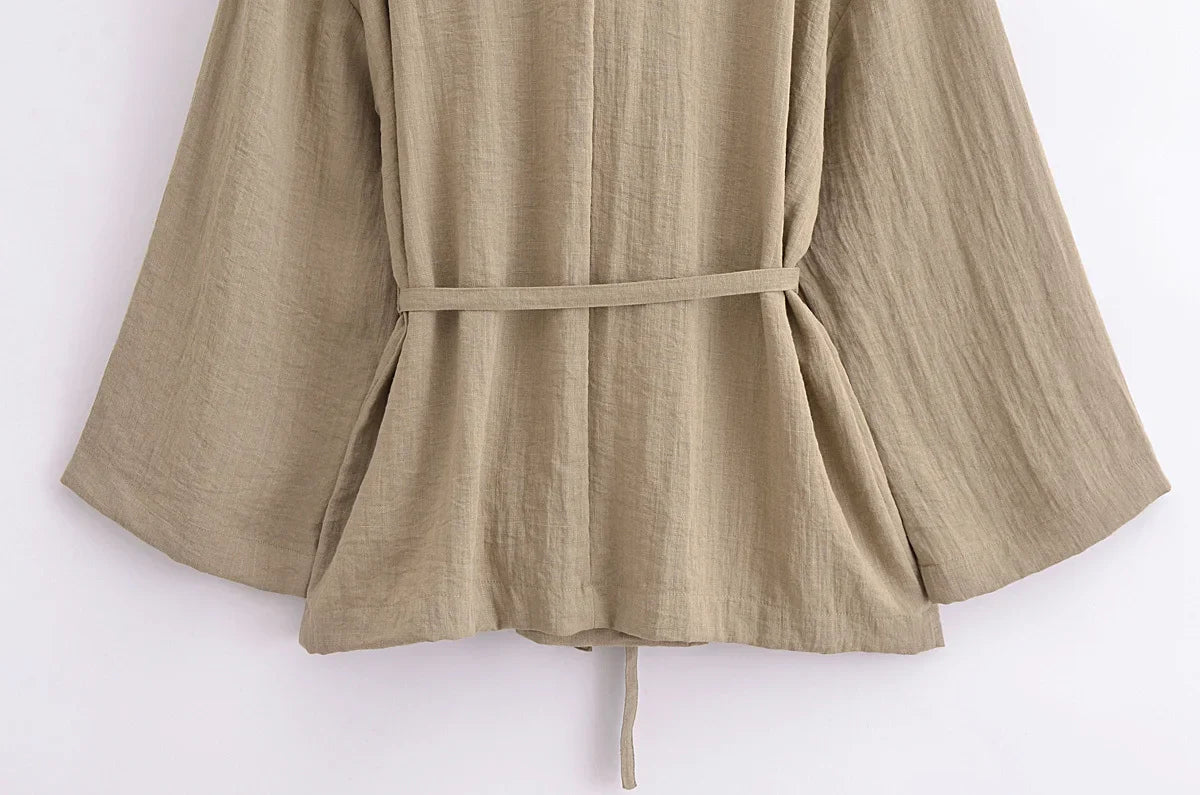 חליפת פשתן שני חלקים חולצת קשירה ומכנסיים ארוכים - אווה