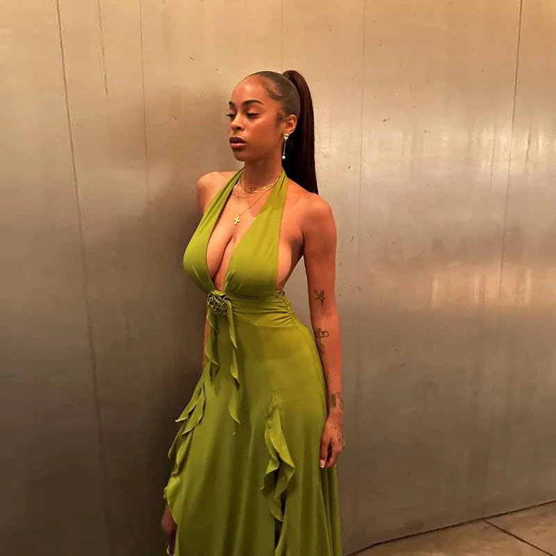 שמלת מקסי בעיטור מלמלה ופרח גב פתוח  - Maxine