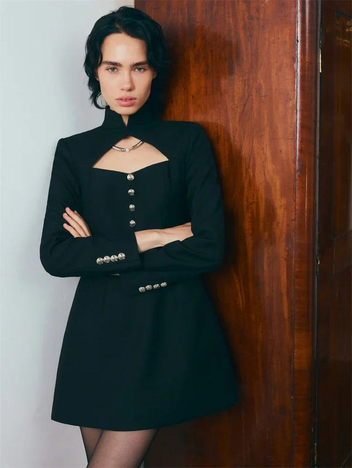 A-line tailored turtleneck mini dress with button detail - Mary Lane