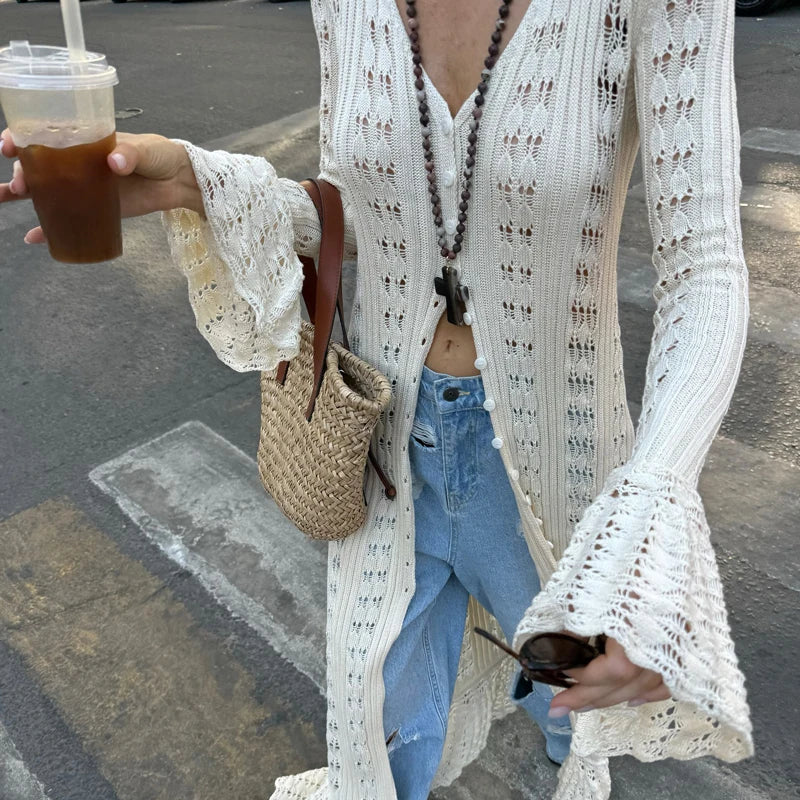 שמלת / עליונית מקסי קרושה סרוגה סגירת כפתורים - דוון