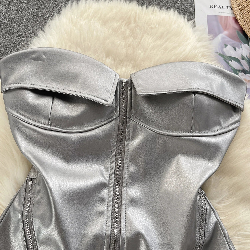 מחוך סטרפלס דמוי עור סגירת רוכסן קדמי - Carter