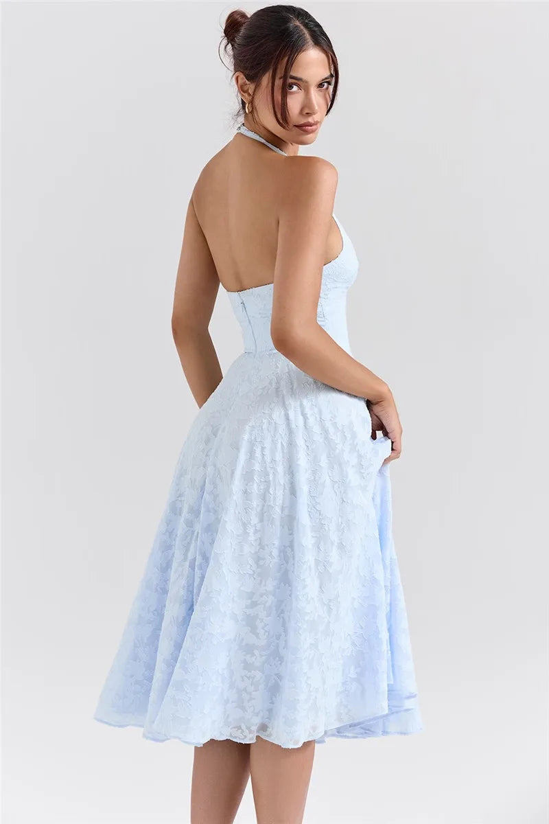 שמלת מידי סגירה בצוואר בעיטור רקמת פרחים צווארון V - SKY