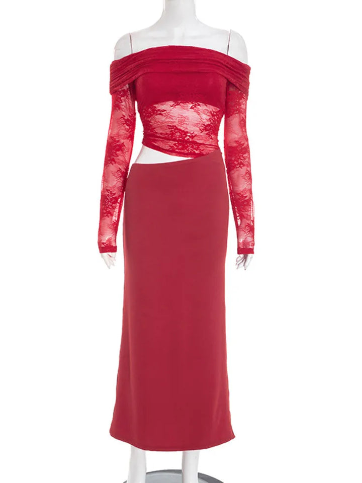 Off-the-shoulder maxi dress with lace and slit - LOLA