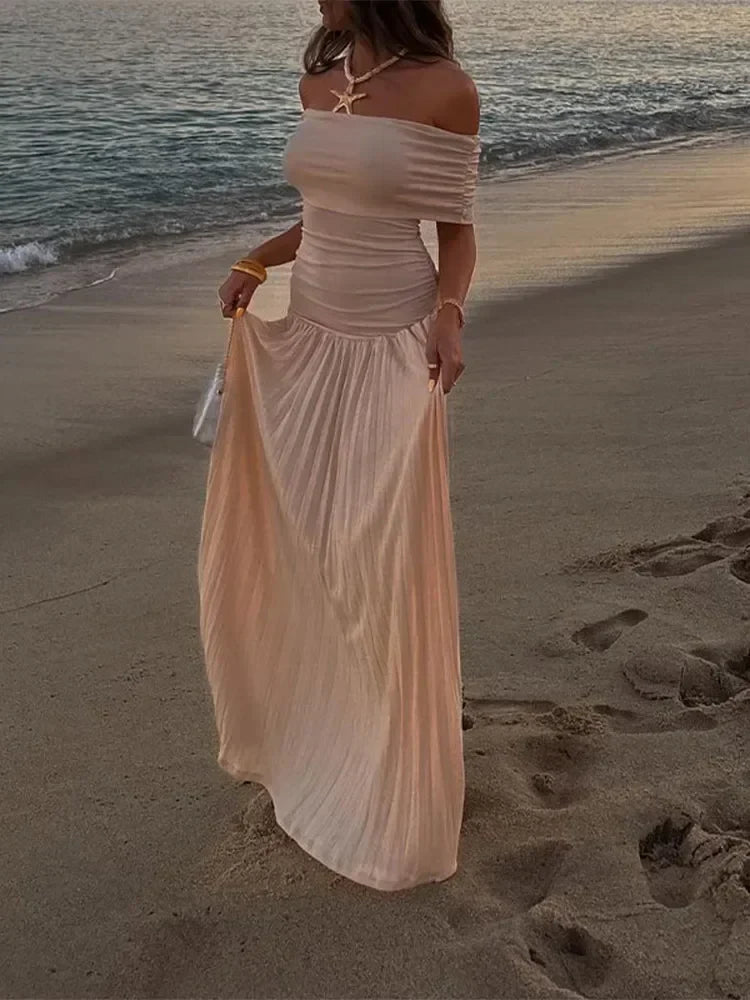 שמלת מקסי סרוגה כיווצים אלגנטית כתפיים חשופות - אלינור