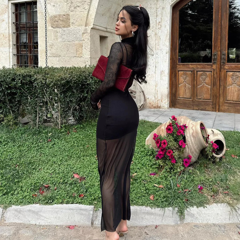 שמלת מקסי רשת בשילוב תחתית צווארון גולף - Isabella