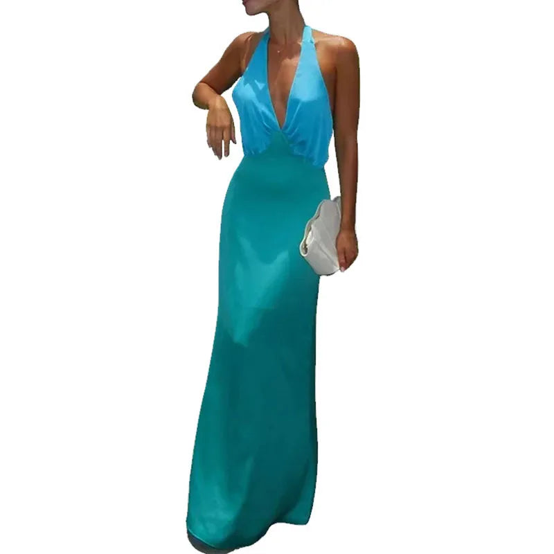 שמלת מקסי סאטן בצבעי ים טורקיז גב חשוף קשירה בצוואר מחשוף עמוק - סטלה