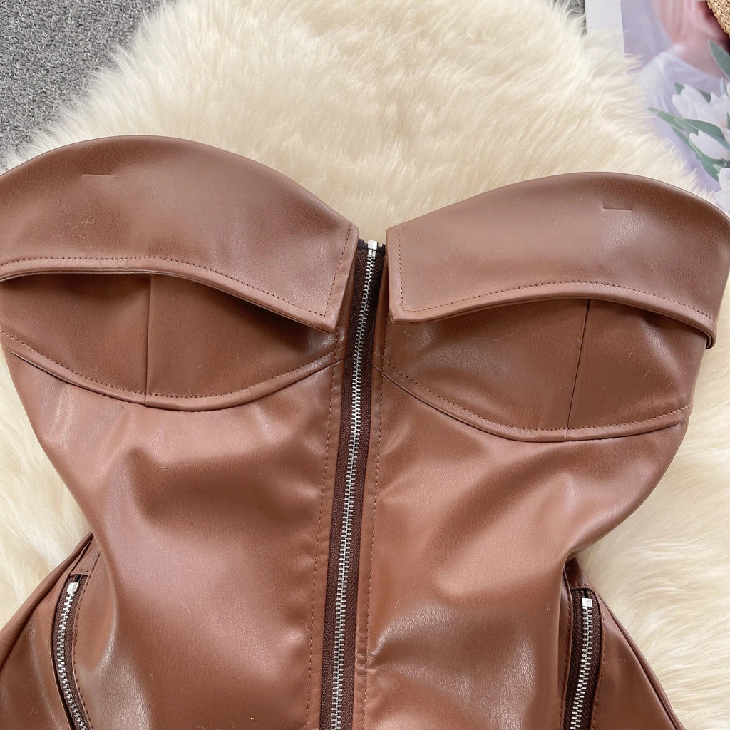 מחוך סטרפלס דמוי עור סגירת רוכסן קדמי - Carter