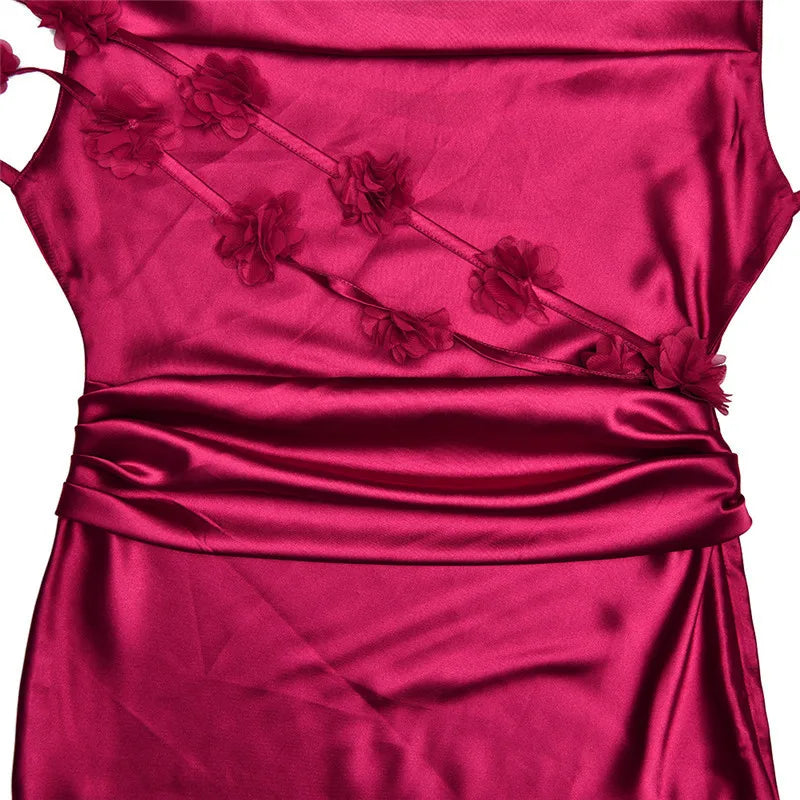 שמלת מקסי סאטן בעיטור רצועות פרחים בגב - ולנסיה