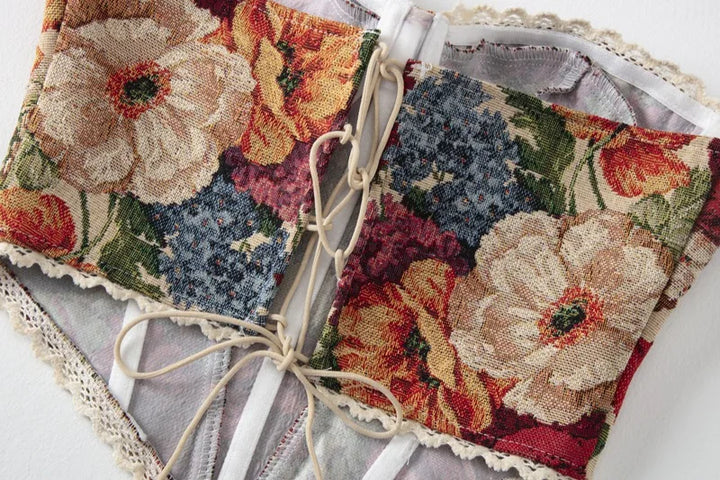 Strapless corset with tie-back in vintage floral design