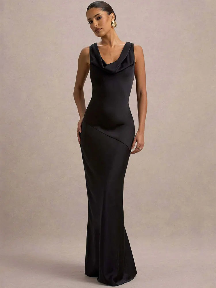 שמלת מקסי סאטן בעיצוב צווארון נופל וגב פתוח - אלקסיס