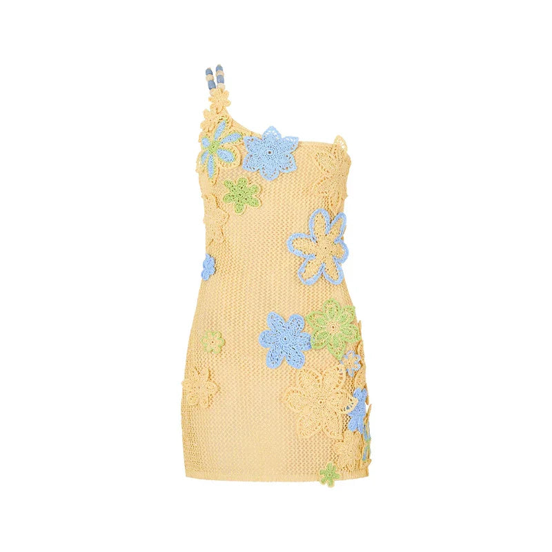 שמלת חוף רשת סרוגה / סט חוף שני חלקים טופ וחצאית מקסי רשת סרוגה בעיטור אפליקציות פרחים - סאנשיין