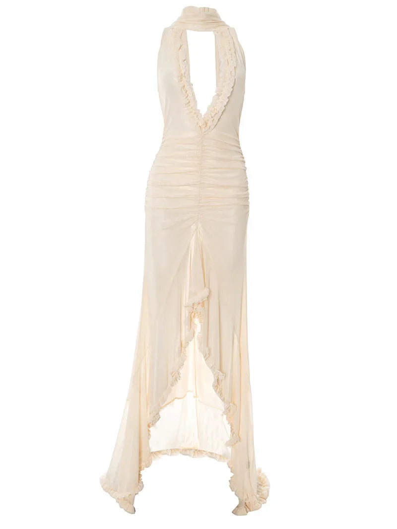 שמלת מקסי שיפון כיווצים מלמלה בעיצוב אסימטרי בעיטור צעיף תואם - מילקה