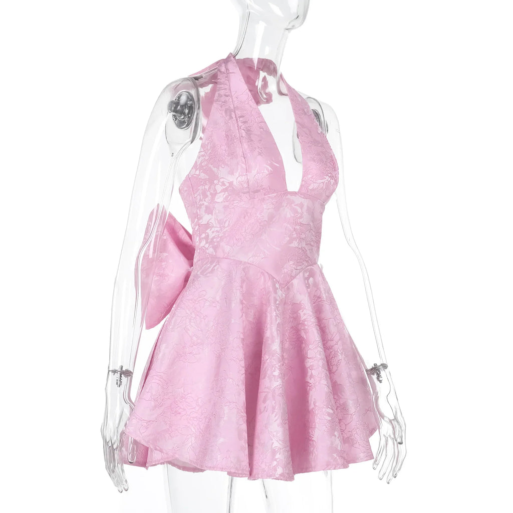 שמלת מיני רקמת איורי פרחים בגזרת A בעיטור פפיון בגב בעיצוב קשירה בגב להצמדה במותן וקשירה בצוואר - Pearl