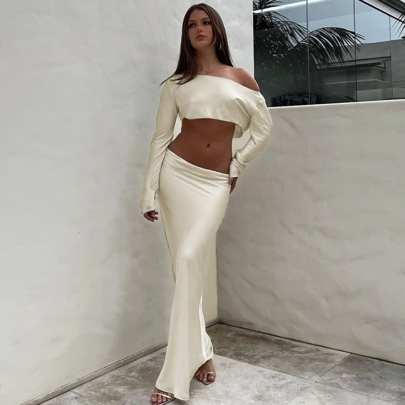 סט סאטן שני חלקים חולצה וחצאית מקסי - דניאלה