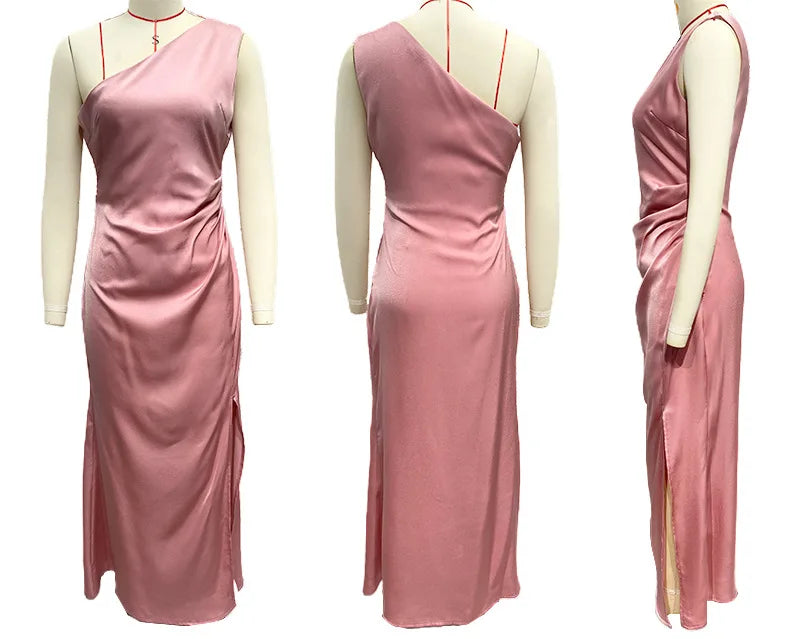 שמלת מקסי סאטן כתפייה אחת בשילוב שסע - איירה