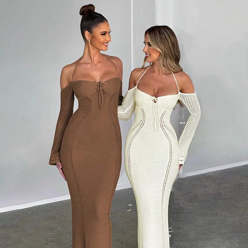 שמלה סרוגה שרוול ארוך כתפיים חשופות - אלאיה