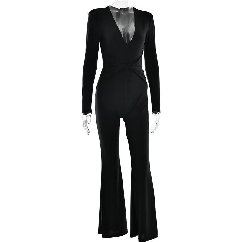 אוברול צמוד ארוך בד מחטב בעיצוב מחשוף V עמוק בעיטור קרוס - לייני