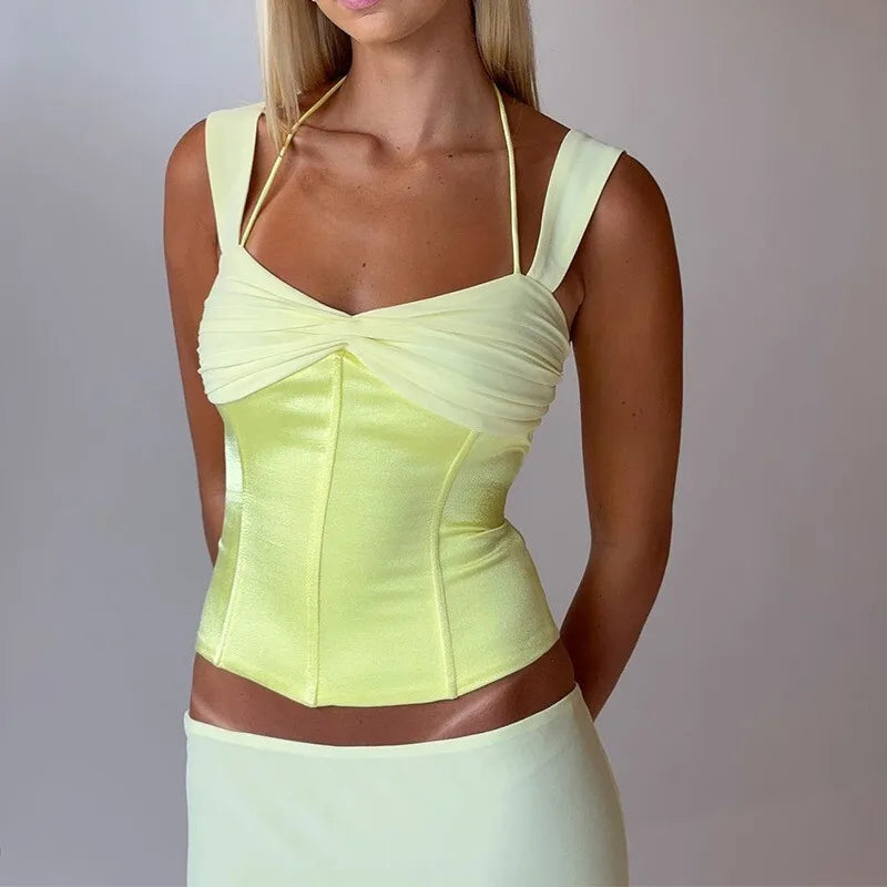 סט שני חלקים חולצה בעיצוב סאטן וחצאית מקסי בעיטור שיפון - מקסימה