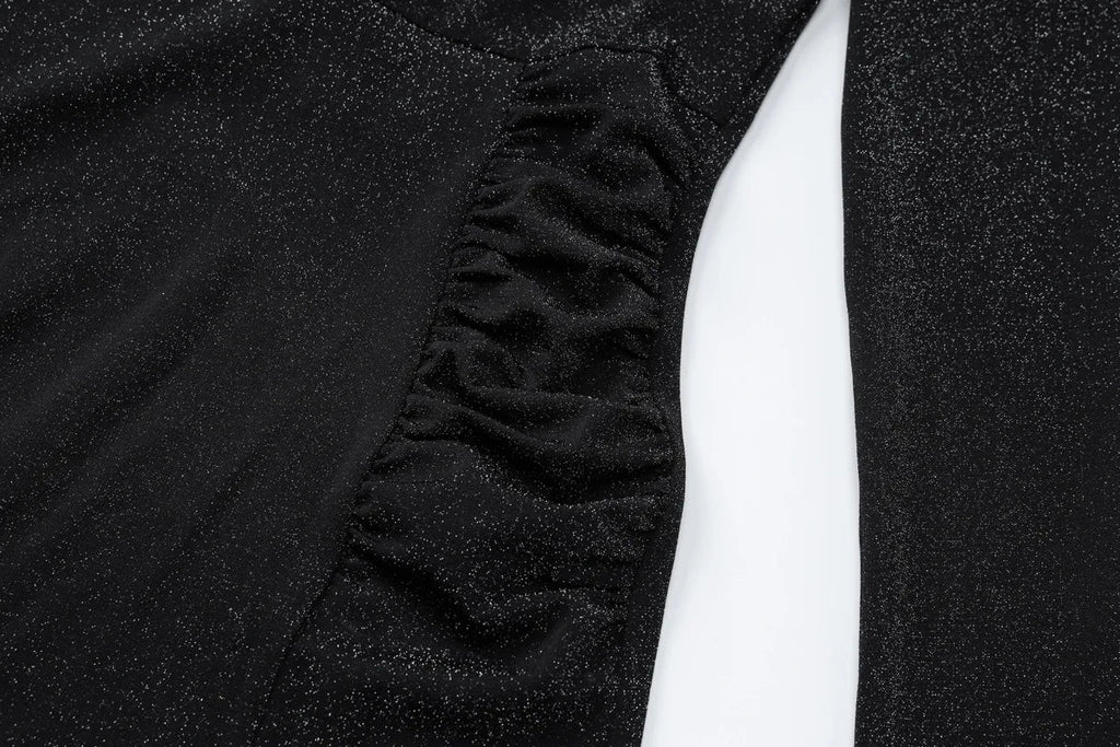 שמלת מקסי נצנצים צווארון חצי גולף בעיצוב כיווצים ושסע קצר - Hazel