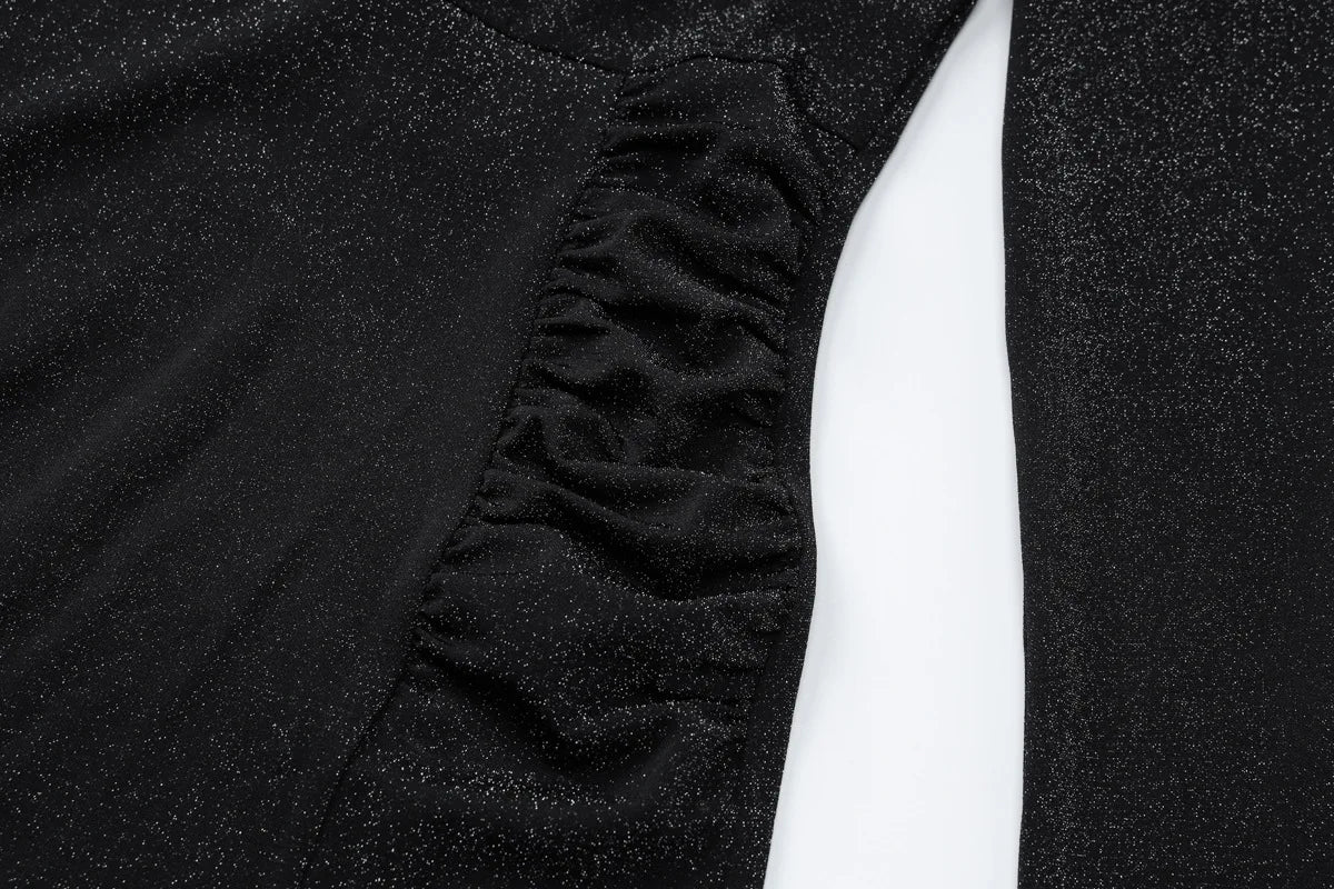 שמלת מקסי נצנצים צווארון חצי גולף בעיצוב כיווצים ושסע קצר - Hazel