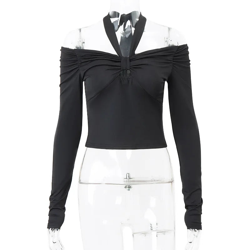 חולצה צמודה שרוול ארוך בשילוב קשירה בצוואר - פנלופי