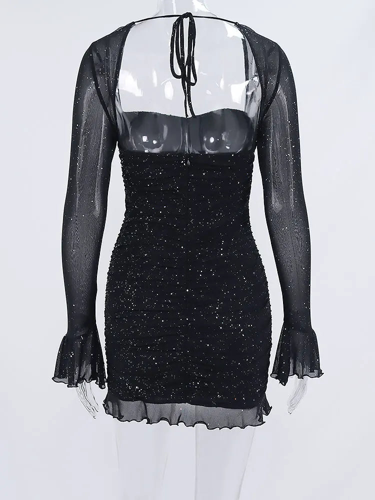 שמלת מיני נצנצים שרוולים בעיצוב רשת גב פתוח - סיסי