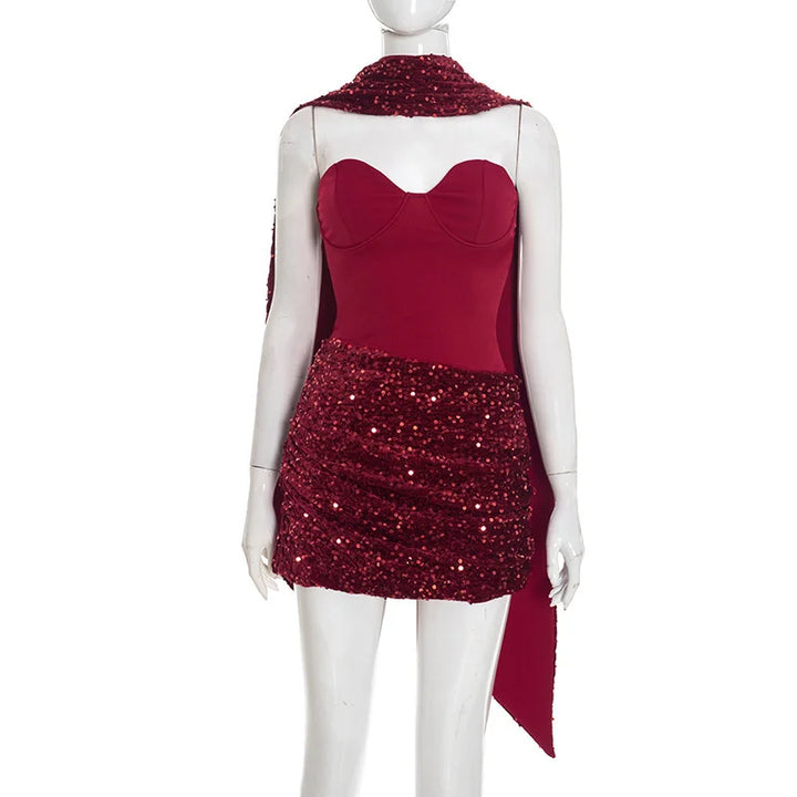 Sequin mini dress with scarf decoration - GIGI
