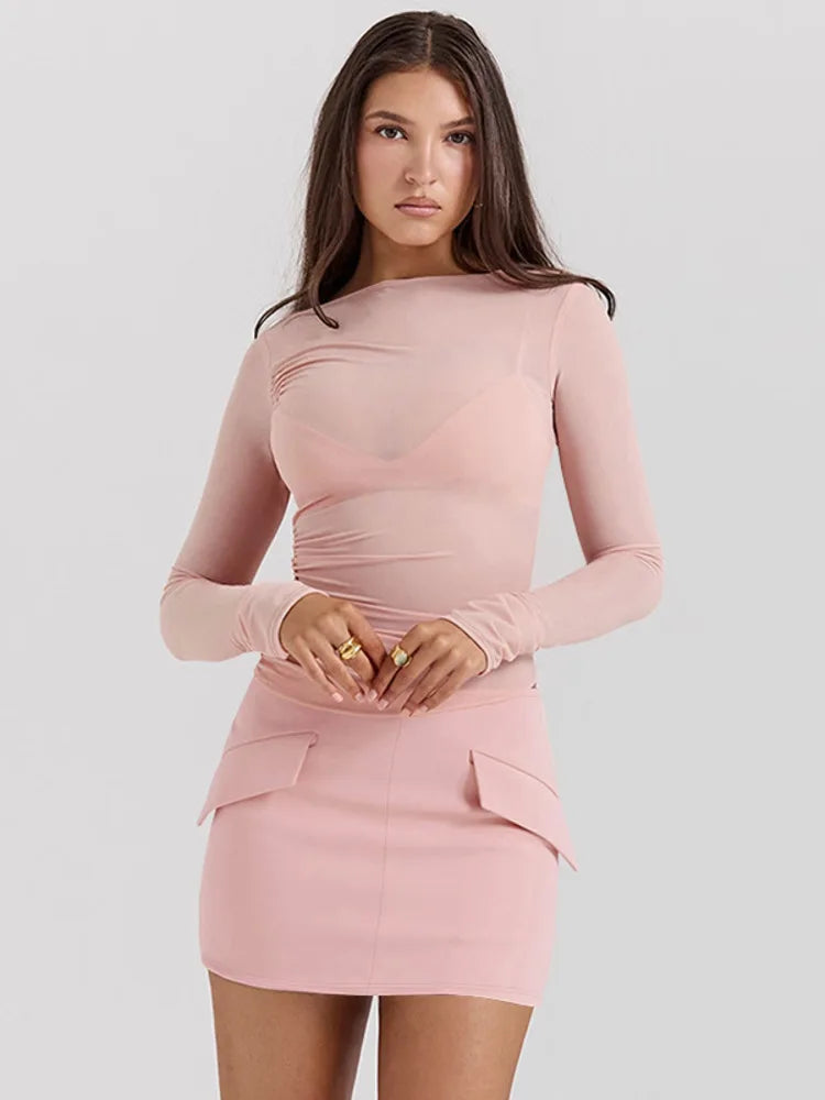 סט 3 חלקים חצאית מיני חולצה וגוזייה צמוד בעיטור כיסים - פרל