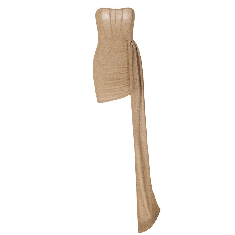 שמלת מיני סטרפלס נצנצים בעיצוב מחוך בעיטור שובל - SOL