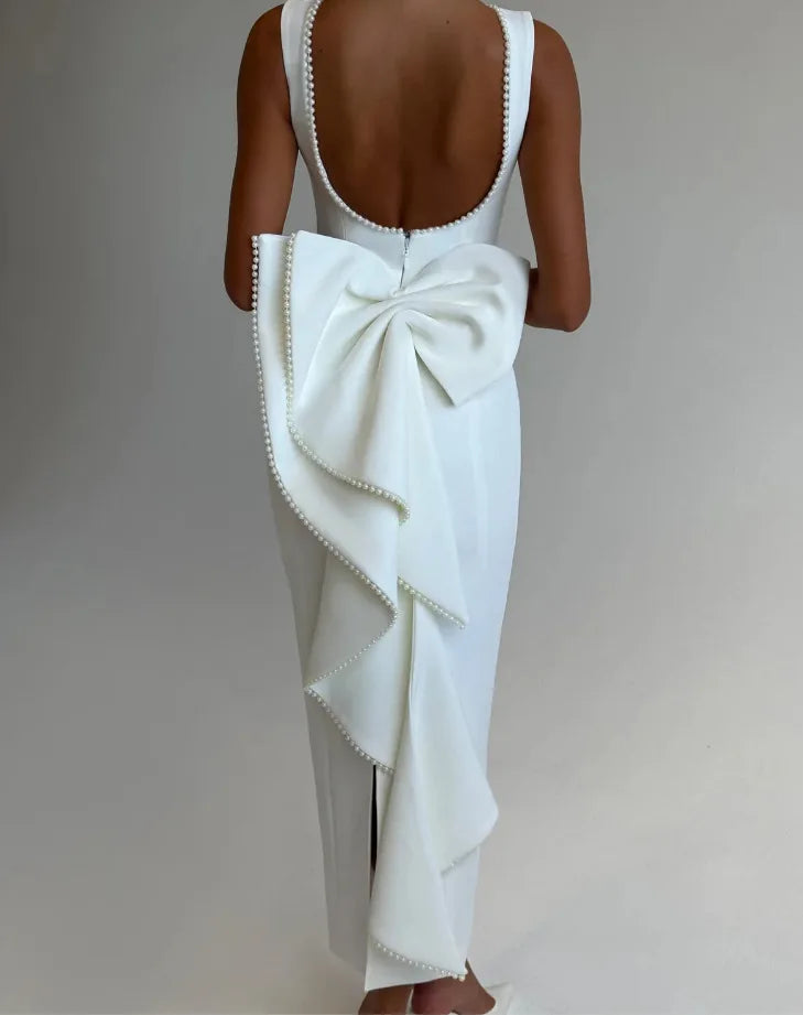 שמלת מקסי בעיצוב אלגנטי יוקרתי בעיטור פפיון ופנינים גב פתוח - קריסטין