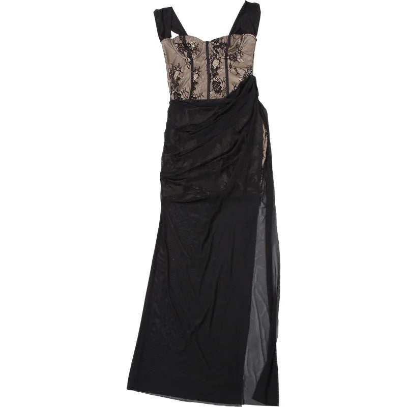 שמלת מקסי תחרה בעיטור שיפון כתפיים חשופות - Elouise