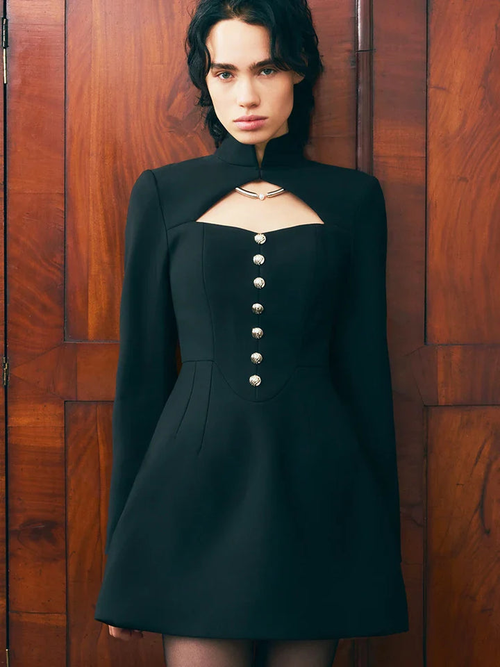A-line tailored turtleneck mini dress with button detail - Mary Lane