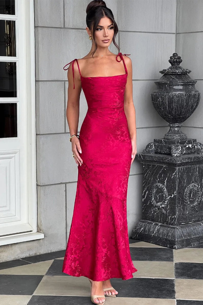 שמלת מקסי בעיצוב קשירה בכתפיות בעיטור רקמת איורי פרחים - לנואלה