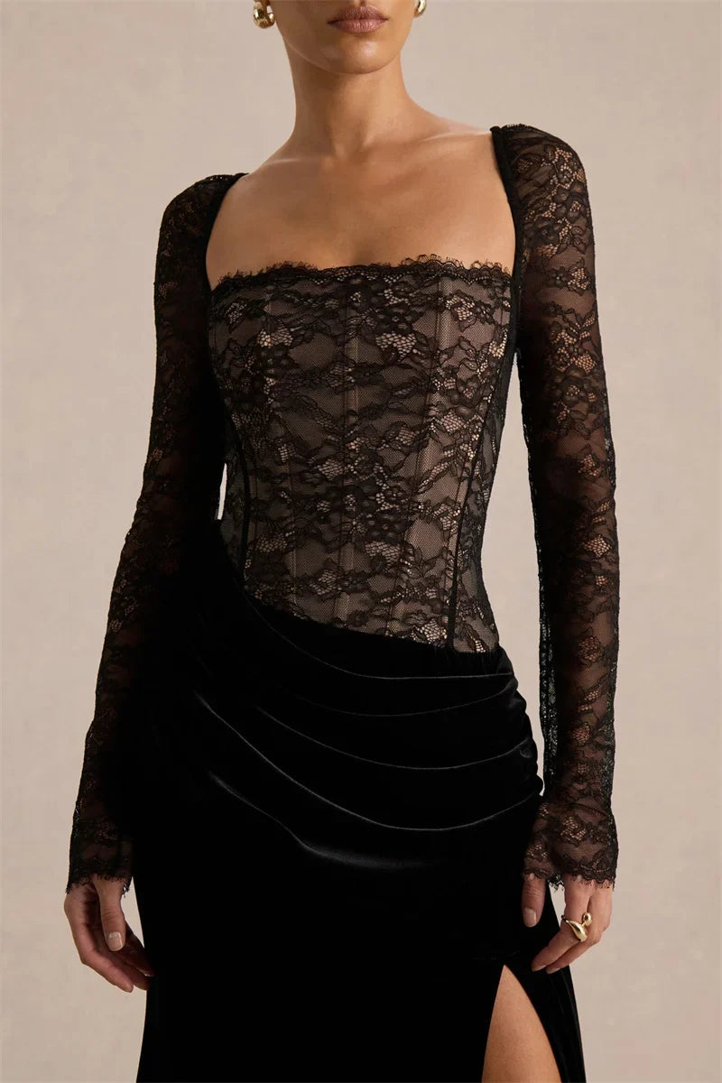 Velvet maxi dress with a lace corset design - CORI